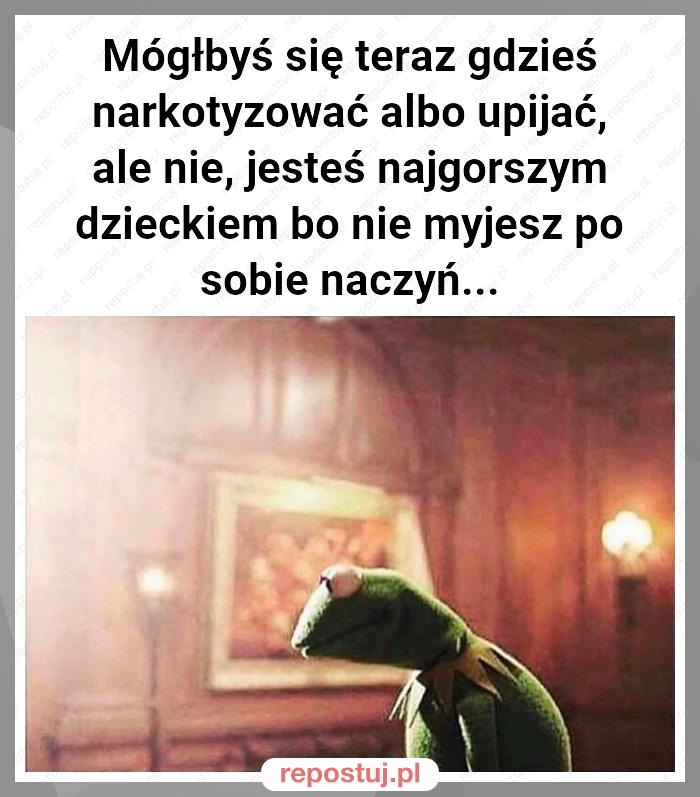 Mógłbyś się teraz gdzieś narkotyzować albo upijać, ale nie, jesteś najgorszym dzieckiem bo nie myjesz po sobie naczyń...