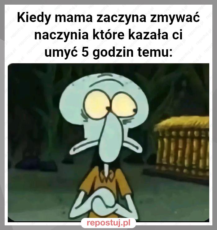 Kiedy mama zaczyna zmywać naczynia które kazała ci umyć 5 godzin temu: